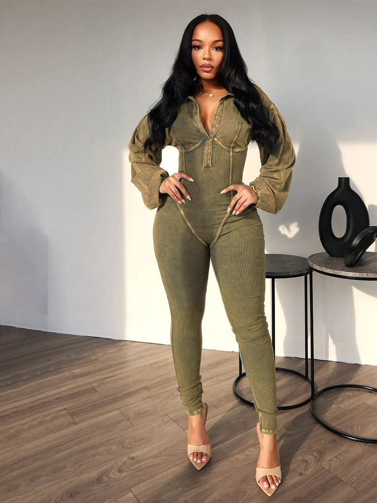 CM.YAYA Fashion Women Knit Ribbed Long Sleeve Moto Biker Jumpsuits 2024 Autumn Washed Street Playsuit One Piece Suit Romper
