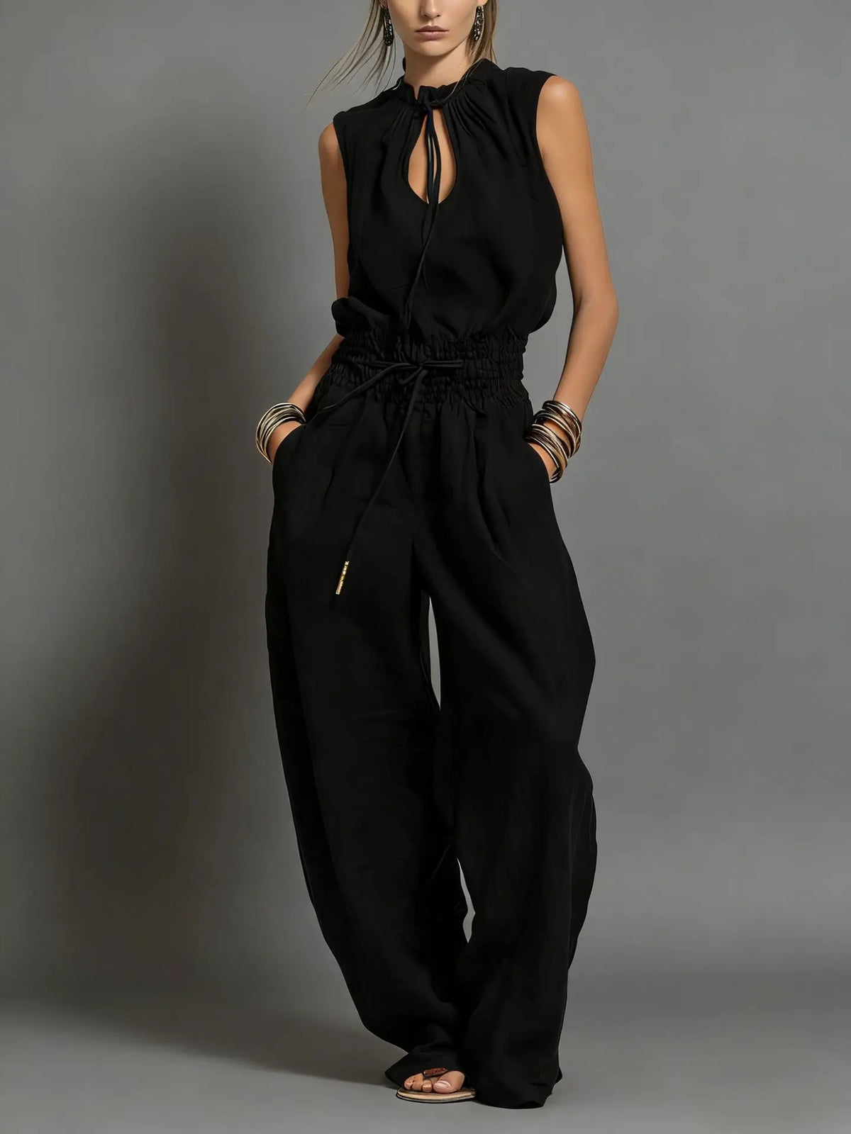 Summer Fashion Elastic Waisted Wide Leg Jumpsuit Women's Sleeveless Sexy Deep V-Neck Lace-up Loose Pockets Female Rompers 2026
