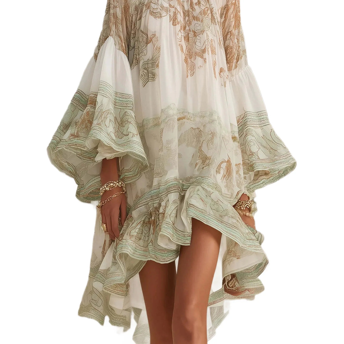 2026 New European and American Style Printed Lotus Leaf Hem Dress for Women, Vacation-Inspired, Loose Fit, Flowing, Stylish Shor