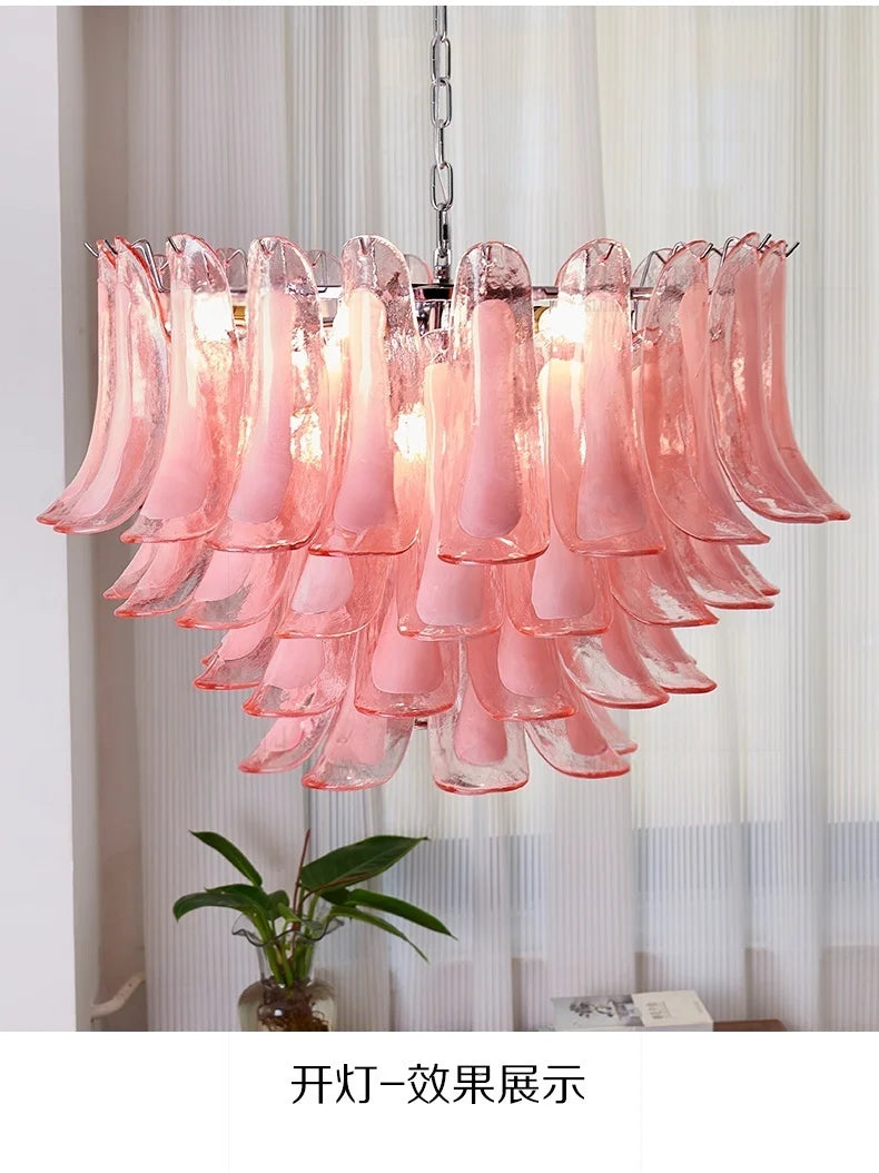 French Murano Petal Glass Chandelier Dining Table Living Room Antique Style Pink Petal Glass Pendant Chandelier Lights Bedroom