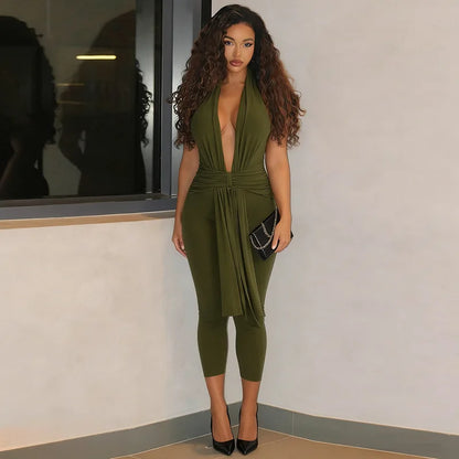 Women Solid Halter Jumpsuit, Deep V Neck Sash Tie Draped Bodycon Capri Jumpsuits, Slim Rompers for Night Club Party