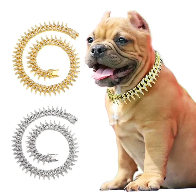 Luxury Gold Plated Spike Dog Collar Cuban Chain Choke Collar for Small Large Dogs Hip Hop Necklaces Jewelry Crystal Accessories