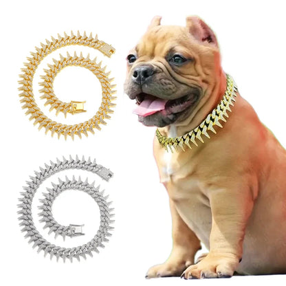 Luxury Gold Plated Spike Dog Collar Cuban Chain Choke Collar for Small Large Dogs Hip Hop Necklaces Jewelry Crystal Accessories