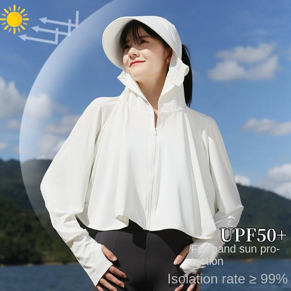 Solid Color Sunscreen Hoodie Long Sleeve Large Brim Hat Summer Sunscreen Shawl Thin Arm Sleeves Ice Silk Short Jacket Running