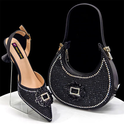 2025 Nigerian Women's Party Shoes and Bags Medium Heel Pointed Toe Elegant Party Footwear With Matching Color Handbag for Women