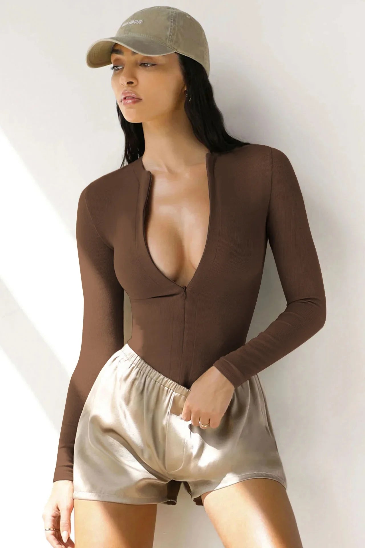 New Women's Jumpsuits Ribbed Long Sleeve Bodysuit Front Zip V Neck Bodycon Tops Stretchy Slim Fit Casual Streetwear for Daily