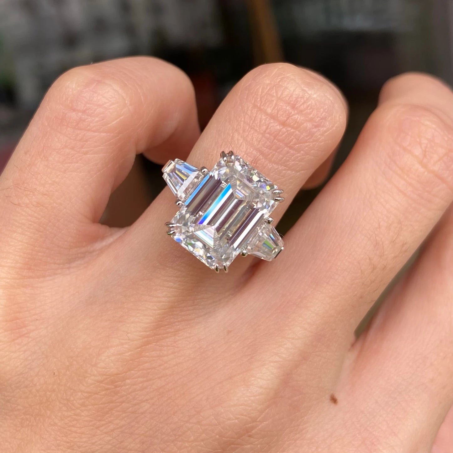 JOVOVASMILE Moissanite Engagement Ring Diamond Real 18k Gold 8 Carat 13x9mm Emerald Cut Two Full Flanking Tapered Baguette Band