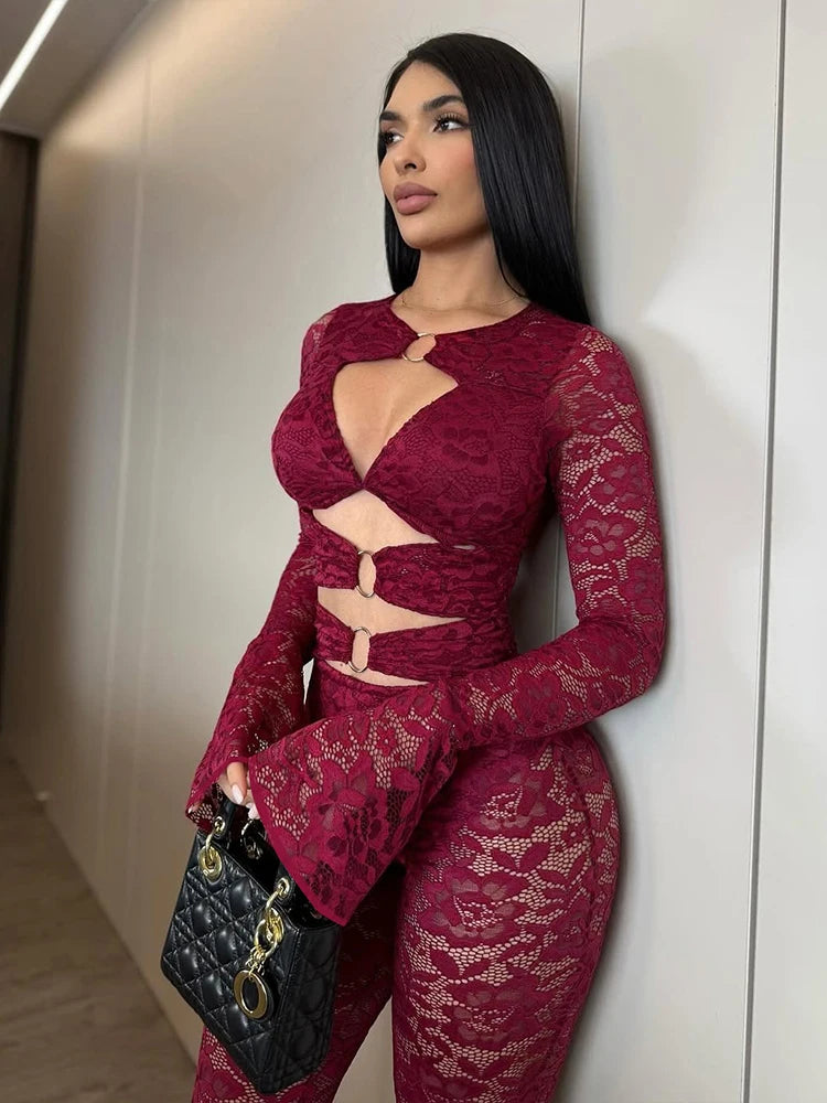 Nibber See Through Jumpsuits Woman Metal Rings Patchwork Hollow Design Sexy Full Sleeve Midnight Club Party Wild Style Overalls