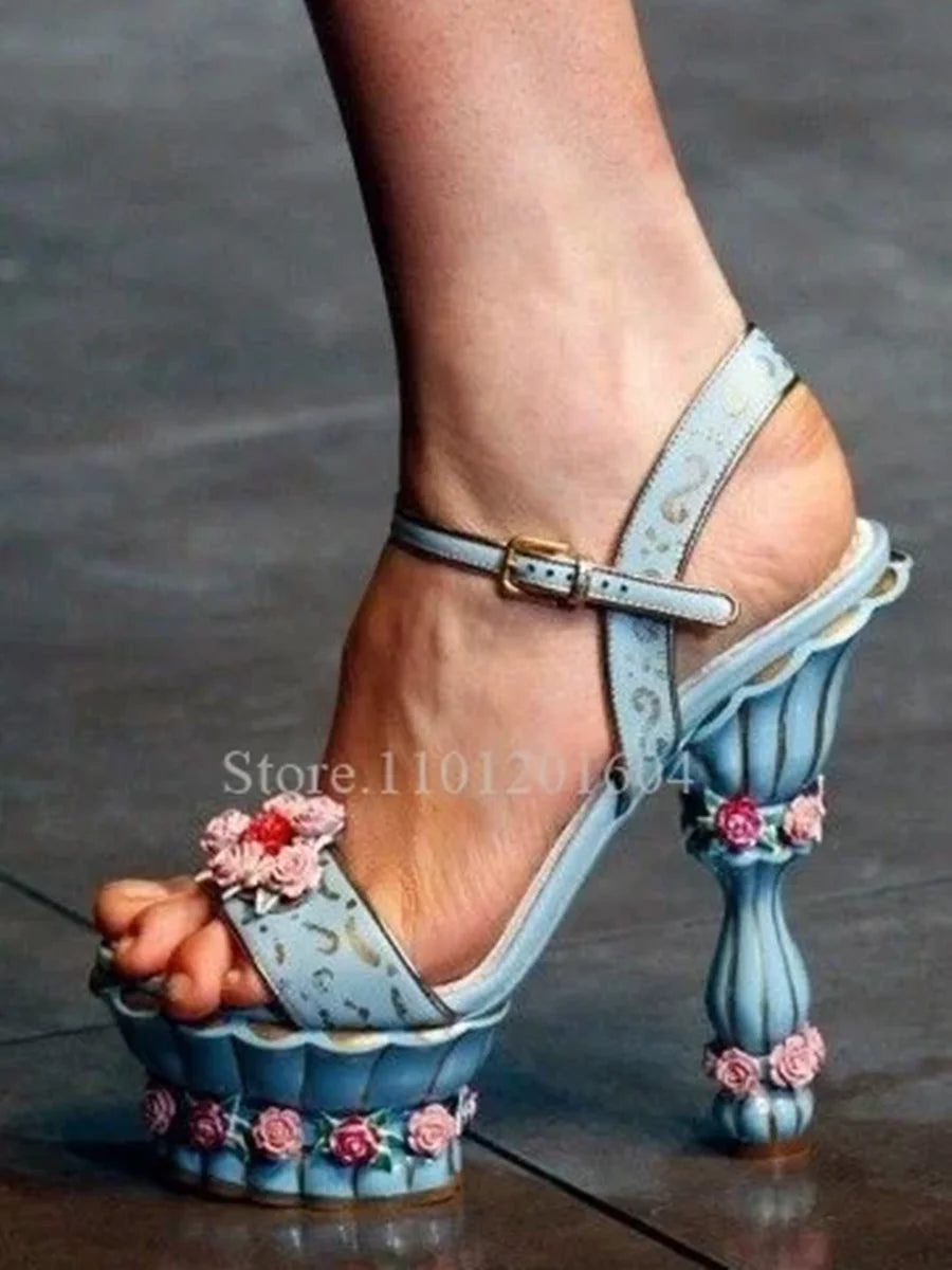 Cake Platform Palace Pink Open Sandals Women Flower Print Color Graffiti Heels Pillar Strange Style Sandals Round Slingback Shoe