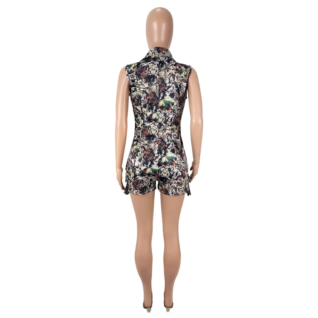 D9756 European and American Women's Fashion sexy Deep V-Neck Camouflage Printed Shorts Short Sleeved Jumpsuit