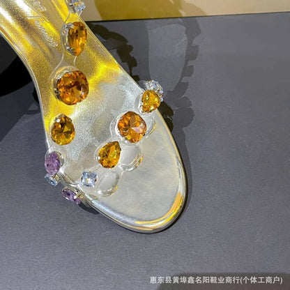 New silver rhinestone transparent straight strap sandals with slim heels and exposed toes, fashionable and stylish crystal shoes
