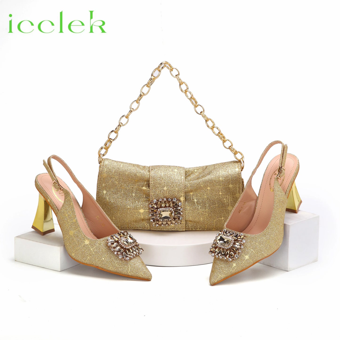 Women High Heels Sandals Shinning Material with Rhinestone Italian Design T.Blue Color Pointed Toe Shoes and Bags Set