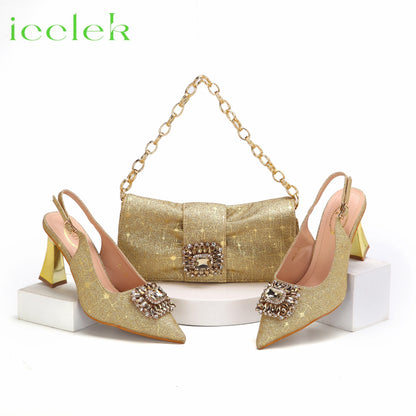 Women High Heels Sandals Shinning Material with Rhinestone Italian Design T.Blue Color Pointed Toe Shoes and Bags Set
