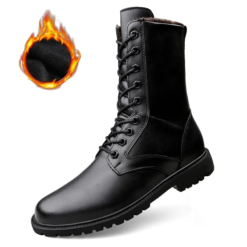Winter Boots US Combat Boots TrendBoots Plus Velvet Men Boots Genuine Leather Snow Boots Side Zipper Motorcycle Boots High