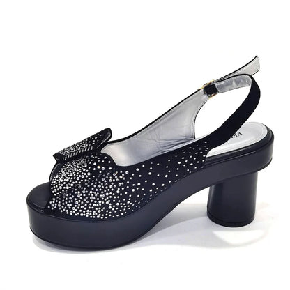 2024 Silver Fashion Square Heels with Platform African Women Shoes and Bag Set Full Crystal Pumps for Wedding Party