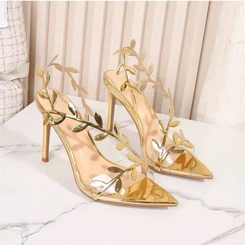 2026 Summer Fashion Patent Leather Gold Leaf Women Sandals Elegant Pointed Toe Thin High Heels Gladiator Sandalias Party Shoes