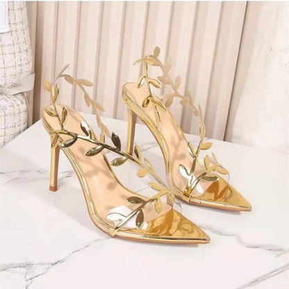 2026 Summer Fashion Patent Leather Gold Leaf Women Sandals Elegant Pointed Toe Thin High Heels Gladiator Sandalias Party Shoes