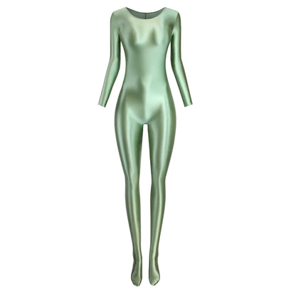 MJINM Women Smooth Overalls Long Sleeve Tights Round Neck Full Length Stretch Zentai Bodysuits Yoga Fitness One Piece Jumpsuits
