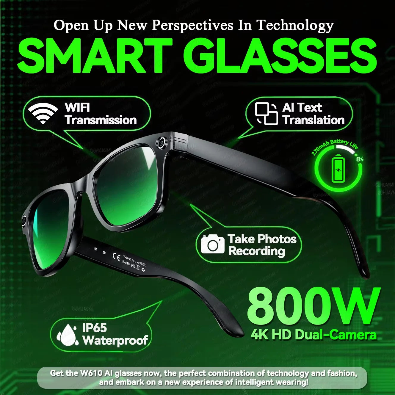 2026 Smart Glasses Men 8MP Camera WiFi Bluetooth Touch Control IP67 Waterproof AI Translation Noise Cancelling AI Glasses Women