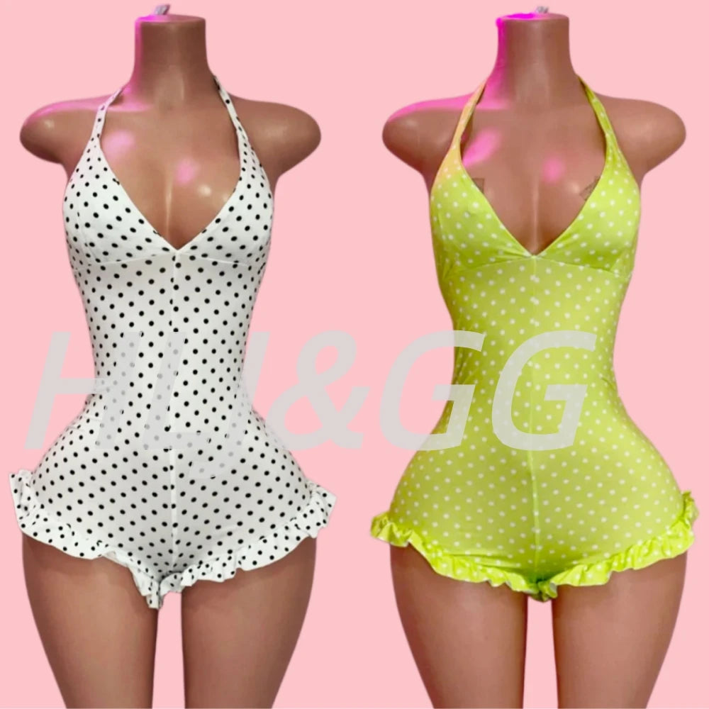 HLJ&GG Sexy Hot Girl Polka Dot Print Ruffle Bodycon One Piece Rompers Women Halter Backless Lace Up Playsuits Fashion Overalls