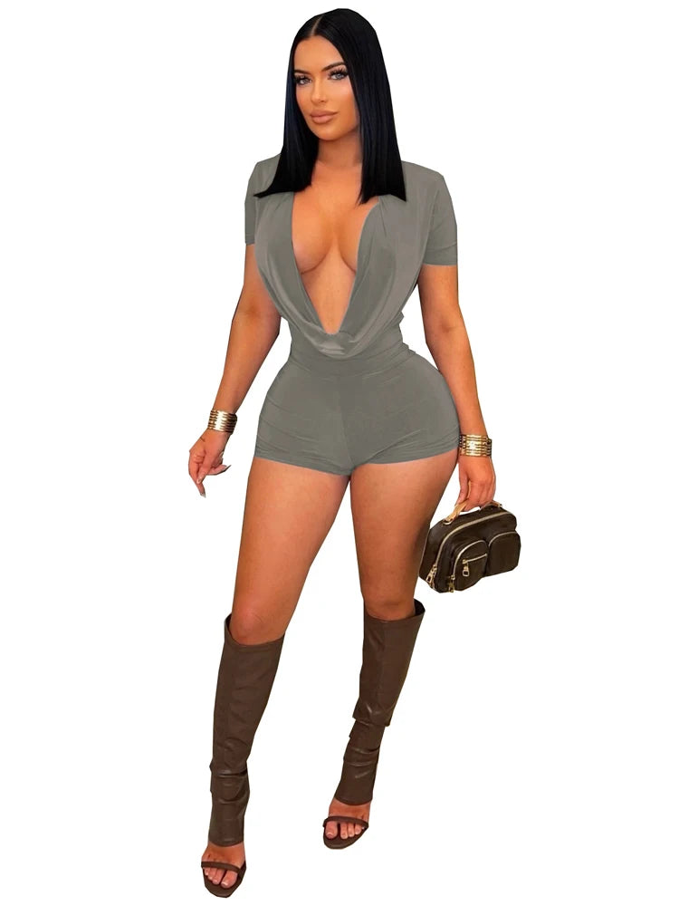 2026 Spring New Ruched Deep V Bodycon One Piece Rompers Women Short Sleeve Slim Jumpsuits Sexy Baddest Solid Color Overalls
