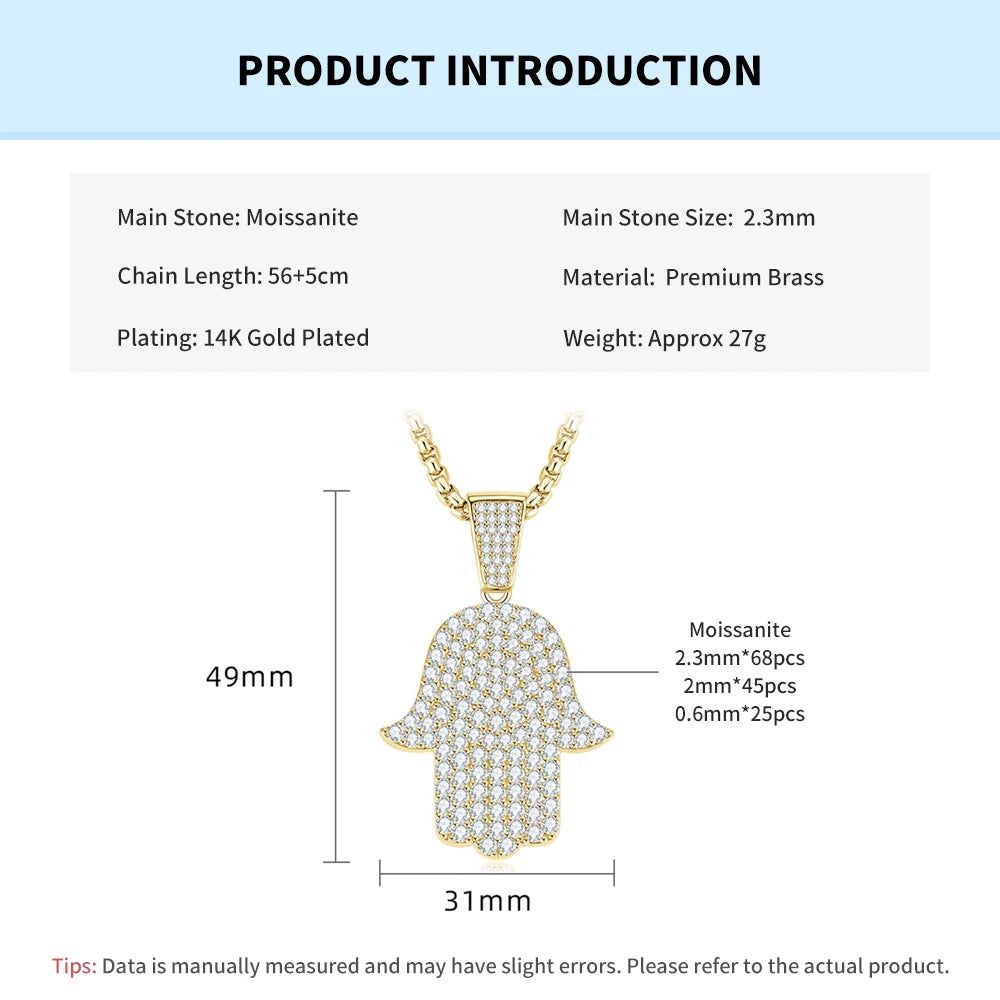 Rrjzz Full Moissanite Hip Hop Iced Out Thick 3mm Round Box Chain Palm Pendant Mens Necklace Street Style Party Fine Jewelry Gift