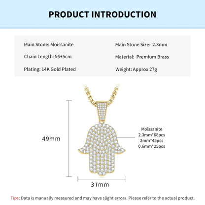 Rrjzz Full Moissanite Hip Hop Iced Out Thick 3mm Round Box Chain Palm Pendant Mens Necklace Street Style Party Fine Jewelry Gift