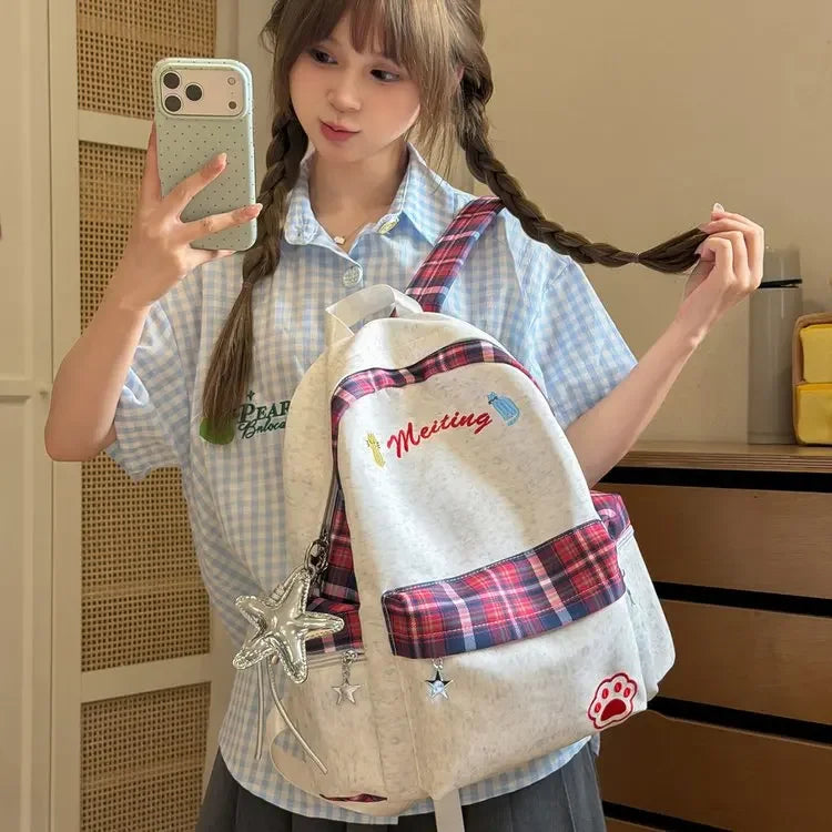 Preppy Style Blue Backpack for Girls, Plaid Spliced School Bag, Cute Nylon Daypack Star Pendant, Large Capacity Student Rucksack