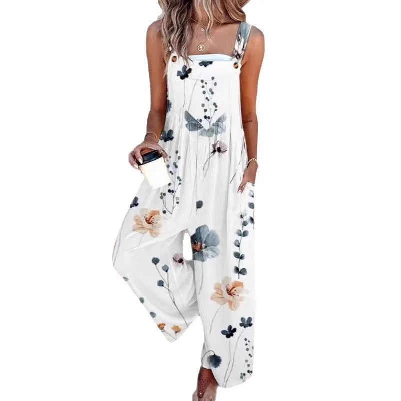 Summer Woman Jumpsuit Floral Print Romper Wide Leg Pants Overalls Black Backless Strap Jumpsuits Women's Casual Loose Fit