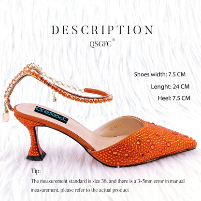QSGFC New Gold Glitter Fabric Pointed Toe High Heels With A Variety Of Shapes Of Rhinestones Fashion Party Ladies Shoes And Bag