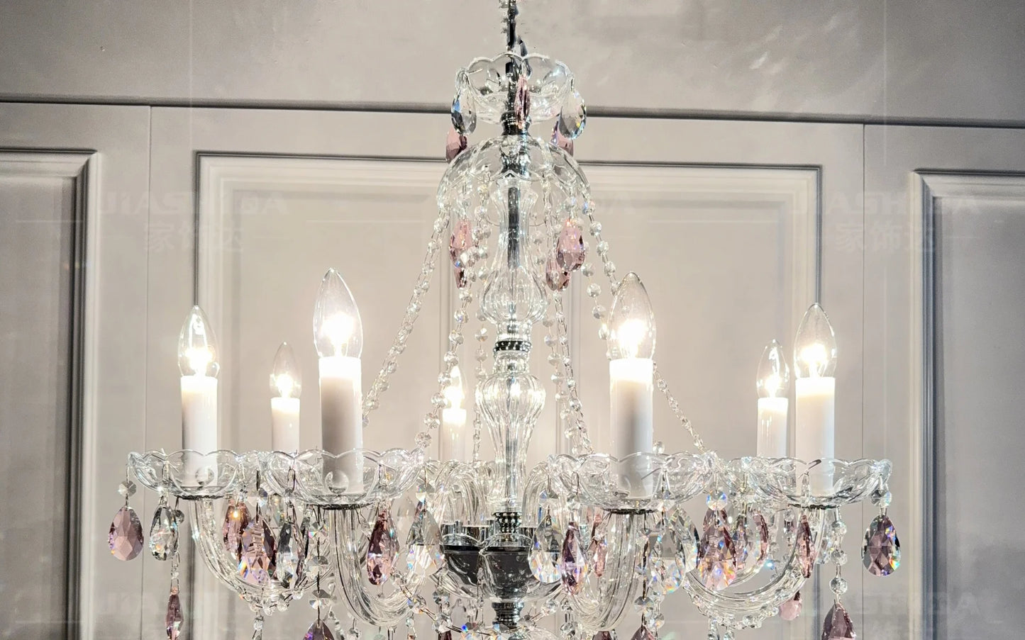 French Romantic Crysatl Candle Chandelier Luxury Glass Pink E14 Pendant Lights Living Room Art Decor Led Lamparas Bedroom Lamp