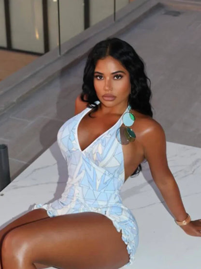Sexy Blue Geometric Print Halter Romper Women Deep V Neck Ruffle Hem Sets 2026 Lady New Summer Beach Party Fashion Jumpsuits