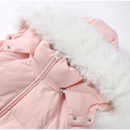 Fashion Pink Faux Fur Patchwork Hood Ski Jumpsuit Women Stand Collar Zipper Slim Pocket One Piece Suit 2026 Winter Lady Skiwears
