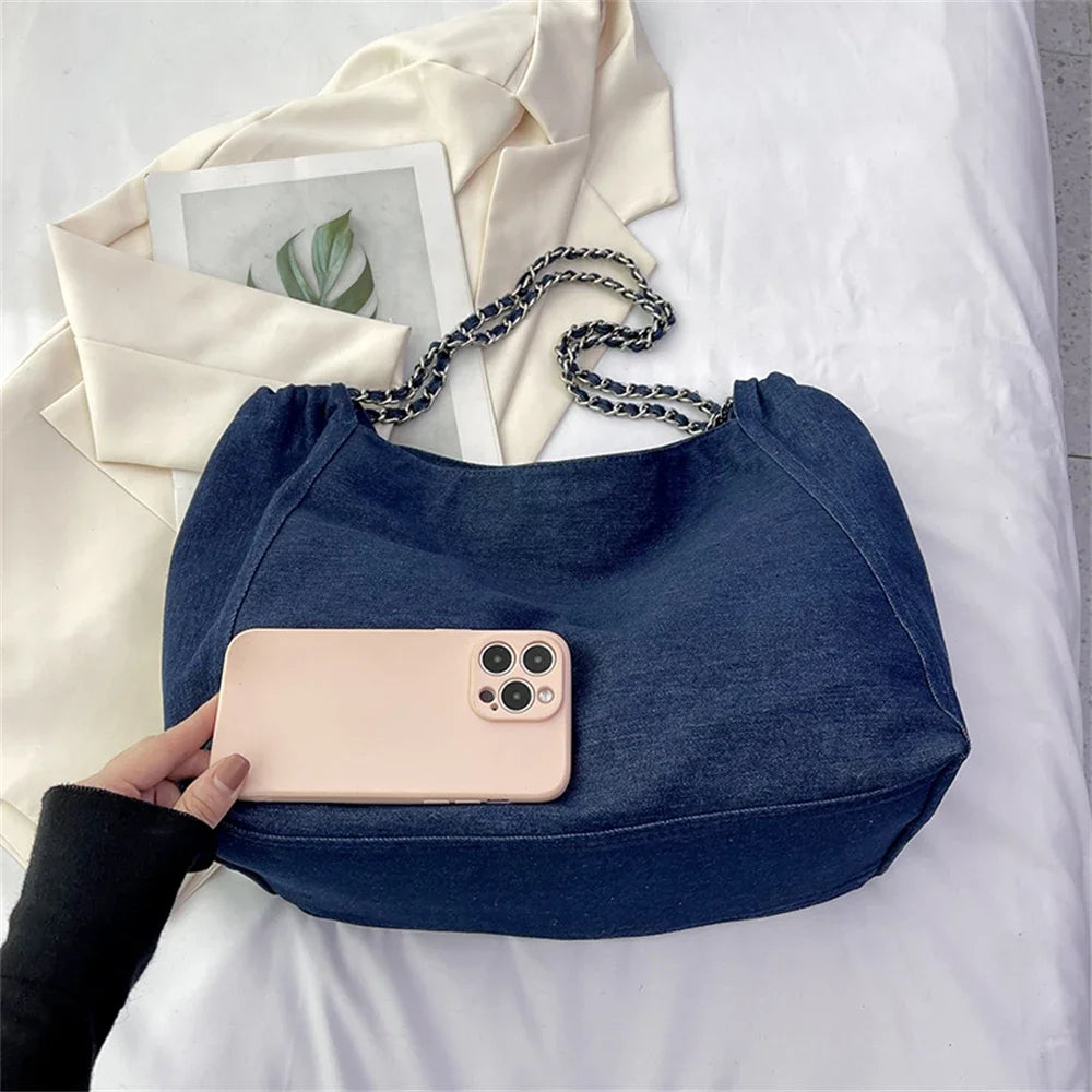 Chic Style Big Chain Shoulder Tote Bags For Women 2023 Luxury Designer Handbags Denim Fabric Pure Color Large Capacity Shoppers