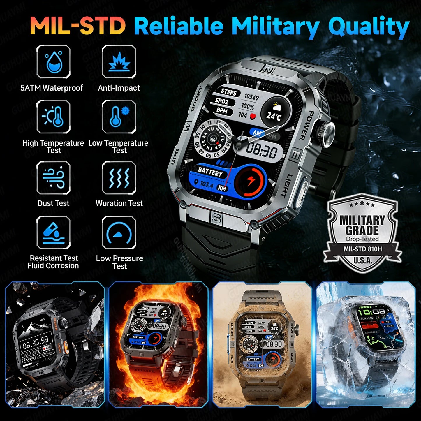 New Outdoor Military Men Smartwatch Equipped With GPS Sports LED Lighting, Compass, Wireless Communication IP68 Waterproof Watch