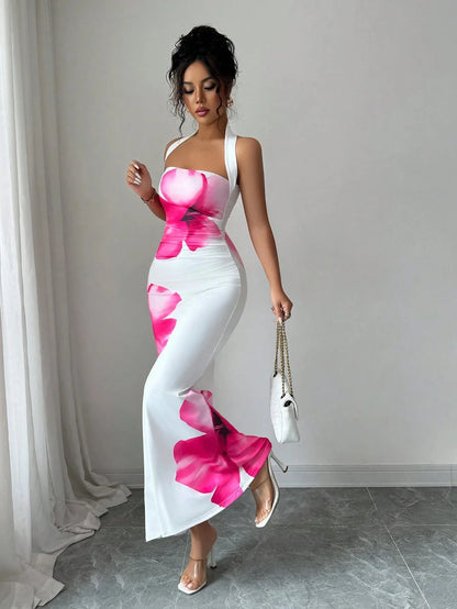 Women's 2026 New Popular Neck Halter Long Dress Hip-wrapped Printed Dress White Dress Birthday Dress for Women Summer Dress