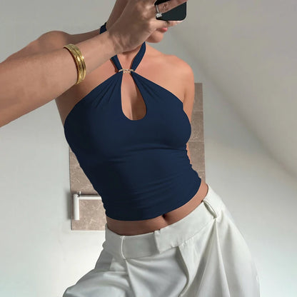 Hugcitar Women Fashion Halter Solid Loop Backless Bandage Sexy Crop Tank Top 2025 Summer Casual Clothes Streetwear Vacation Club