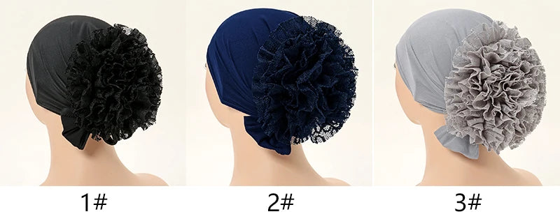 Muslim Women's Hijabs with Lace Chiffon Panhua Solid Color Thin Bottom Hat Islam Head Wrapping Tie Back Turban Female Headband