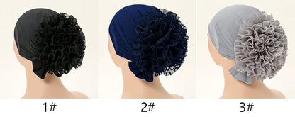 Muslim Women's Hijabs with Lace Chiffon Panhua Solid Color Thin Bottom Hat Islam Head Wrapping Tie Back Turban Female Headband