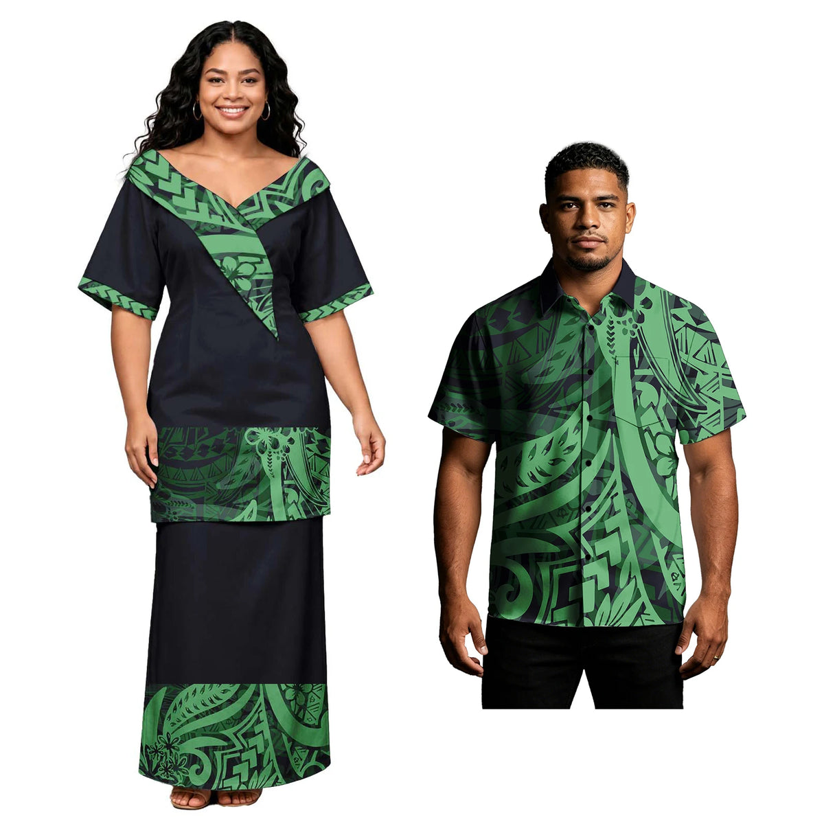 Holiday Party Hawaiian Tropical Pattern Couple Outfits Polynesian Men Button Shirts Women Tribal Design Church Samoan Puletasi