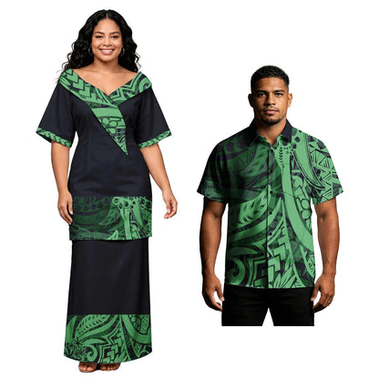 Holiday Party Hawaiian Tropical Pattern Couple Outfits Polynesian Men Button Shirts Women Tribal Design Church Samoan Puletasi