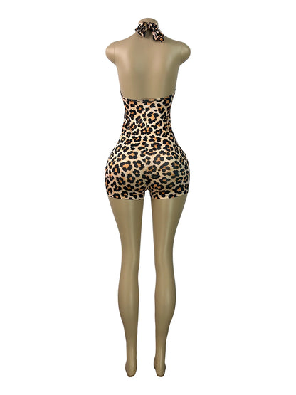 Women Jumpsuit Spring Summer Fashion Letter Print Crossed-Neck Deep V Backless Shorts Jumpsuit Girl Sexy Leopard Bodycon Rompers