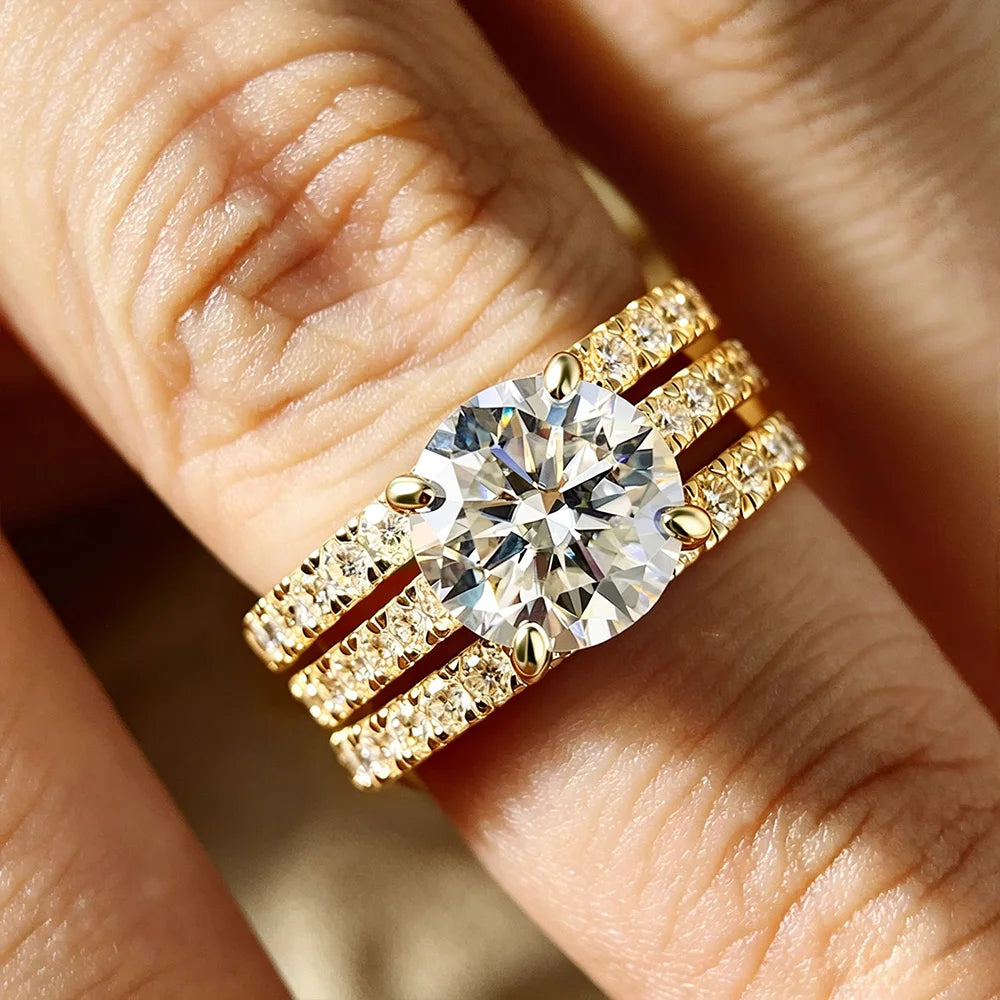 OEVAS 3ct (Total 3.63ct) Round Cut D Color Moissanite Bridal Ring Set Wedding Band 18K Gold Plated 925 Silver Rings Fine Jewelry