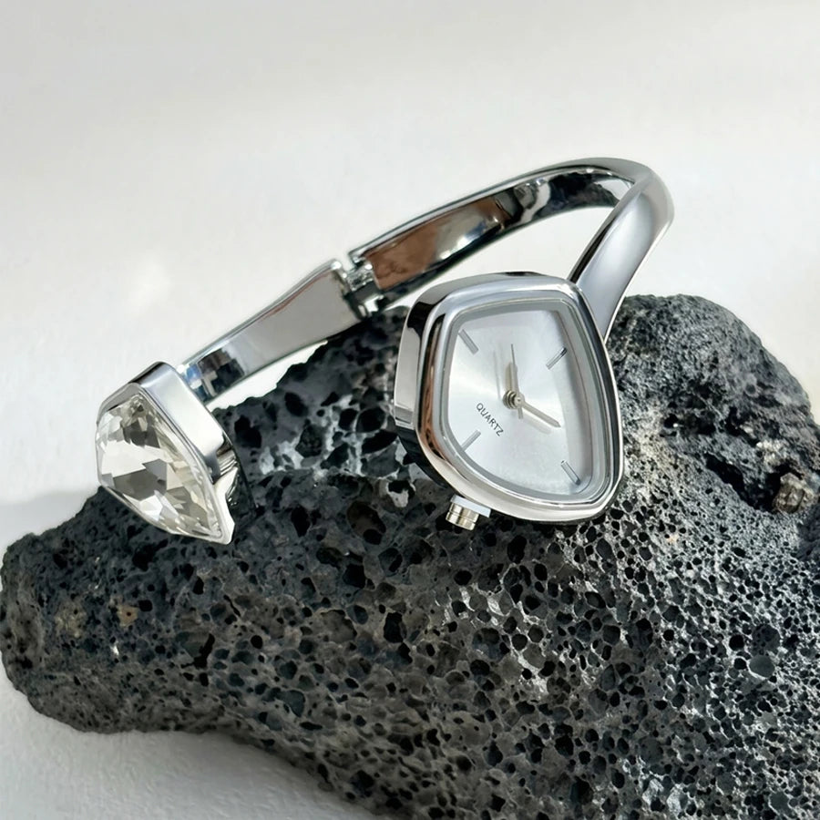 Stylish Irregular Dial Big Diamond Open Cuff Gold Watch for Woman
