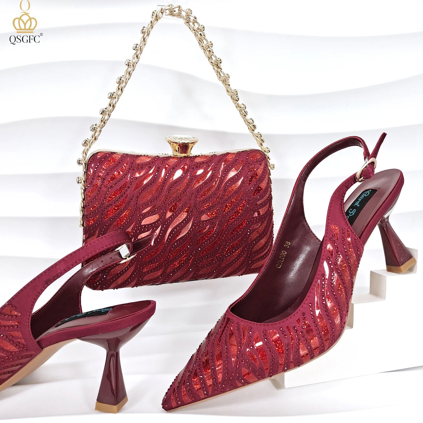 QSGFC New Arrival Fashion Shoes Matching Bag Set Royal Blue Color Decorated with Crystal Ladies Wedding Party Women High Heel
