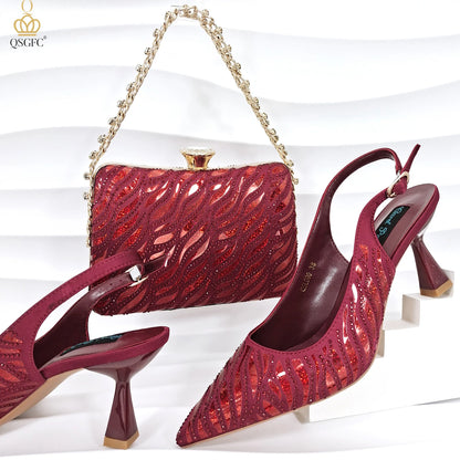 QSGFC New Arrival Fashion Shoes Matching Bag Set Royal Blue Color Decorated with Crystal Ladies Wedding Party Women High Heel
