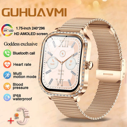 New Fashion Women's Smart Watch Heart Rate 1.75 Inch 240*296 HD Screen Diamond Watch Bluetooth Call Waterproof SmartWatch Ladies