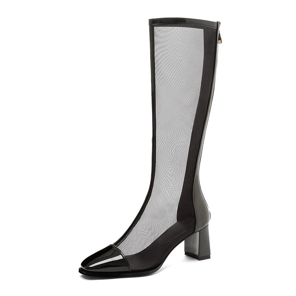 Sexy Air Mesh Zipper Female Boottes Summer Ponited Toe Ankle Boots Patchwork High Heesl Fashion Women Shoes Big Size 32-46