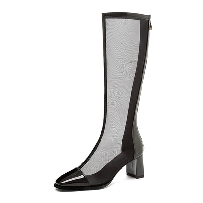 Sexy Air Mesh Zipper Female Boottes Summer Ponited Toe Ankle Boots Patchwork High Heesl Fashion Women Shoes Big Size 32-46