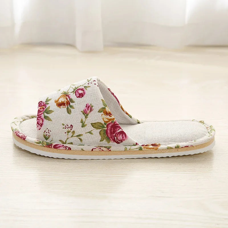 Four Season Linen Home Slippers Women Autumn Indoor Casual Floral Slides Couples House Non-slip Sandals Adults Cartoon Cat Shoes